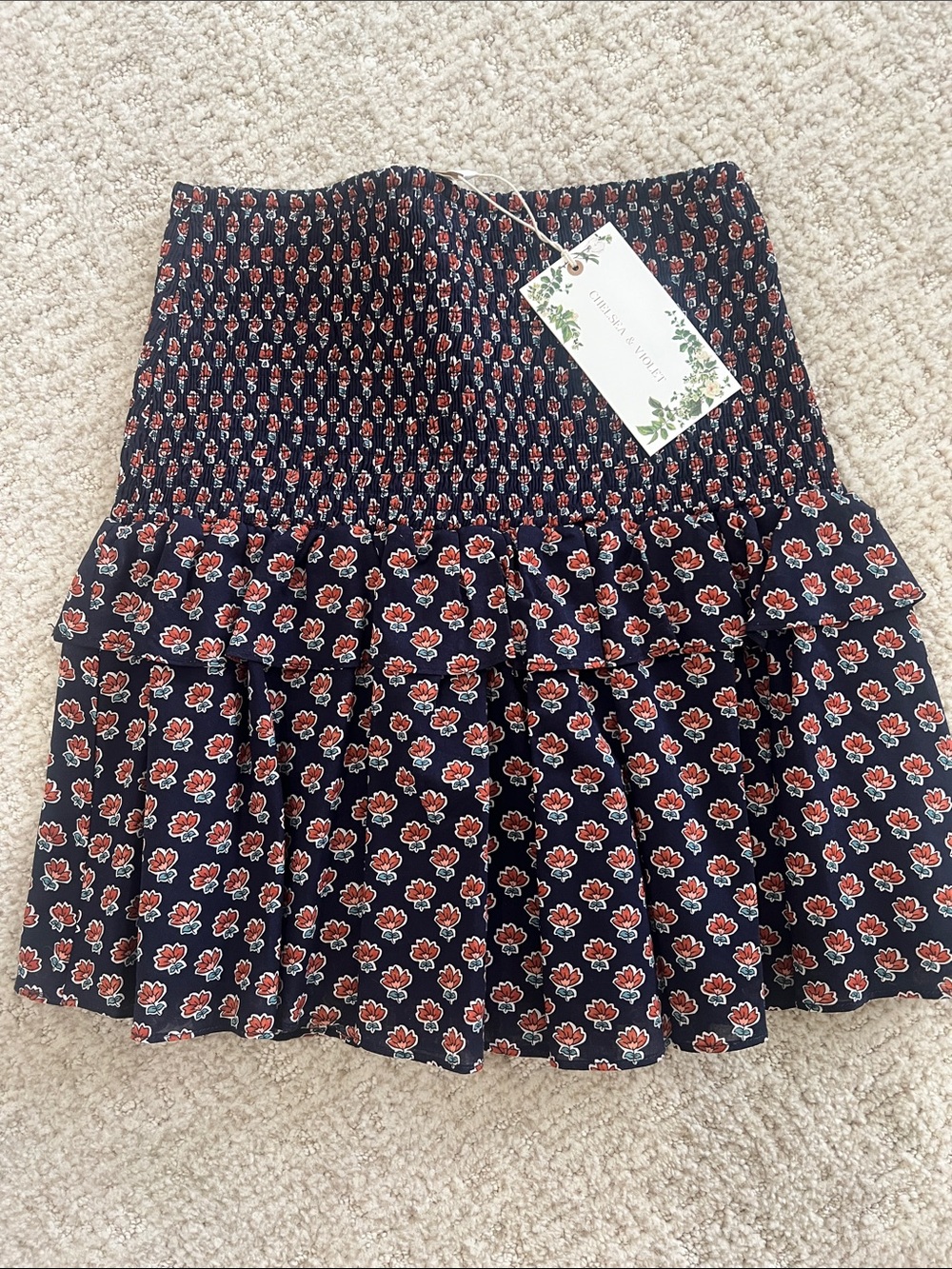 Chelsea & Violet Navy Mini Skirt with Red Floral Print